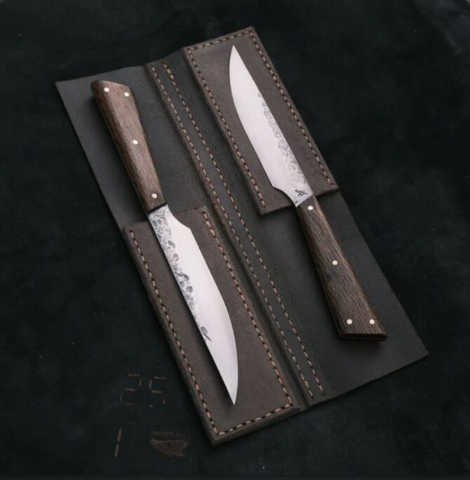 2-Piece Hand Forged D2 Steel Utility Knife Set with Olive Wood Handles & Leather Folding Bag