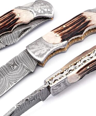 Hand Engraved Damascus Steel Folding Knife with Genuine Stag Horn Handle & Leather Sheath