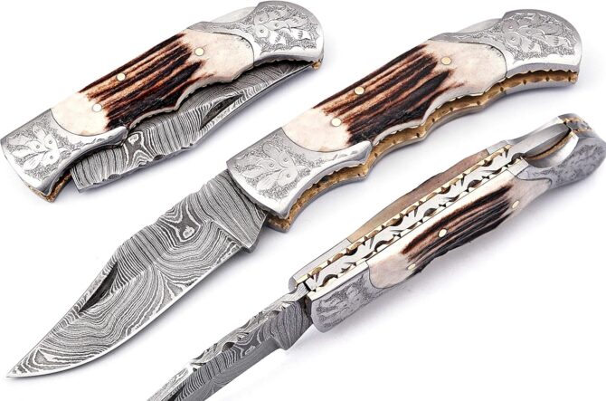 Hand Engraved Damascus Steel Folding Knife with Genuine Stag Horn Handle & Leather Sheath