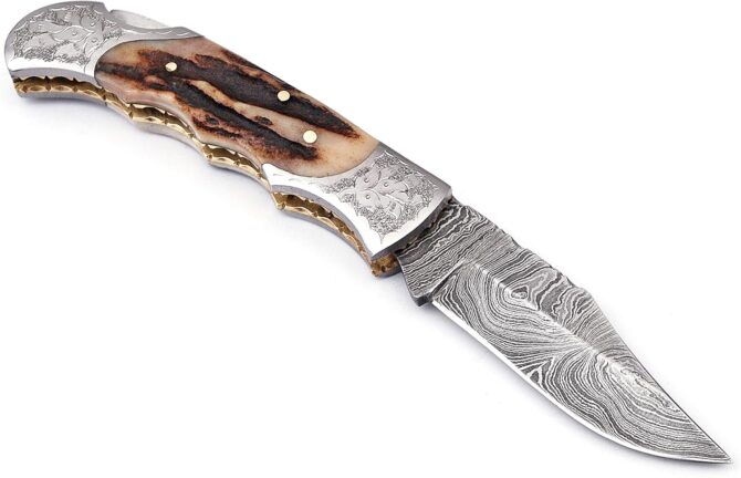 Hand Engraved Damascus Steel Folding Knife with Genuine Stag Horn Handle & Leather Sheath