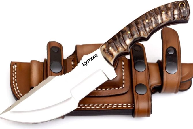 D2 Steel Hunting Knife with Genuine Ram Horn Handle & Leather Sheath