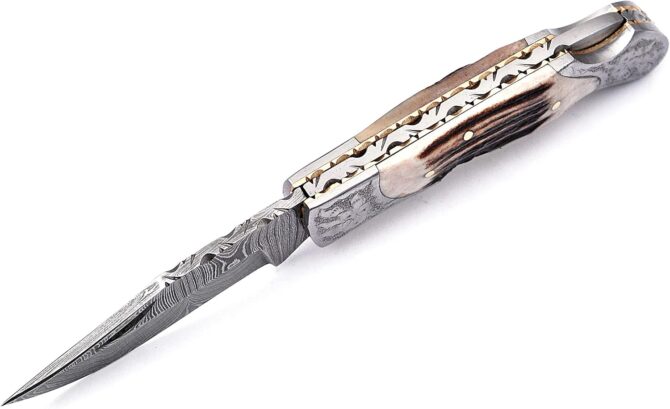 Hand Engraved Damascus Steel Folding Knife with Genuine Stag Horn Handle & Leather Sheath