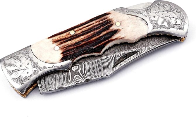 Hand Engraved Damascus Steel Folding Knife with Genuine Stag Horn Handle & Leather Sheath