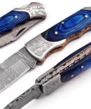 Premium Damascus Back Lock Folding Knife - Blue Pakka Wood Handle & Engraved Bolster