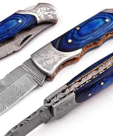 Premium Damascus Back Lock Folding Knife - Blue Pakka Wood Handle & Engraved Bolster