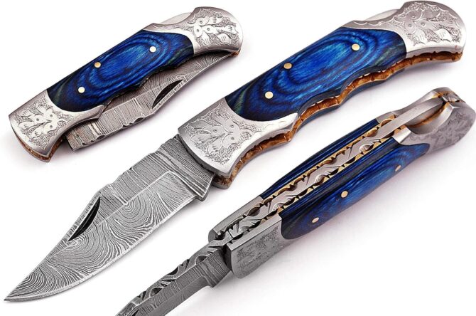 Hand Engraved Damascus Steel Folding Knife with Genuine Stag Horn Handle & Leather Sheath