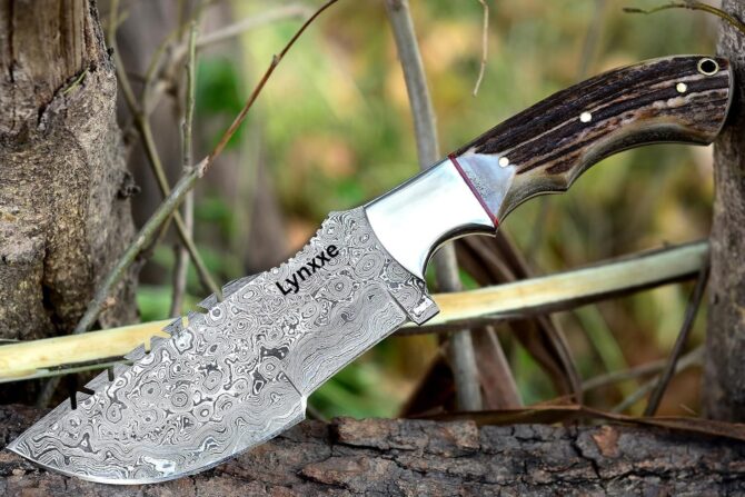 Hand Forged Damascus Steel Tracker Knife with Genuine Stag Horn Handle & Sheath