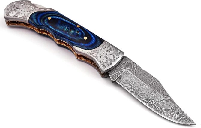 Hand Engraved Damascus Steel Folding Knife with Genuine Stag Horn Handle & Leather Sheath