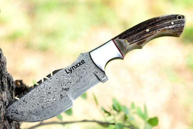 Hand Forged Damascus Steel Tracker Knife with Genuine Stag Horn Handle & Sheath