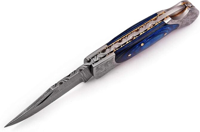 Hand Engraved Damascus Steel Folding Knife with Genuine Stag Horn Handle & Leather Sheath