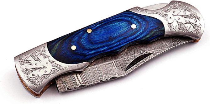 Hand Engraved Damascus Steel Folding Knife with Genuine Stag Horn Handle & Leather Sheath
