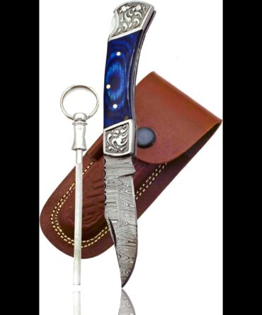Premium Damascus Liner Lock Folding Knife - Blue Wood Handle & Engraved Stainless Steel Bolster