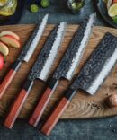 4-Piece Hand Forged D2 Steel Chef Knife Set with Walnut Wood Handles & Leather Roll Bag