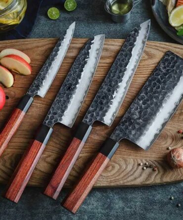 4-Piece Hand Forged D2 Steel Chef Knife Set with Walnut Wood Handles & Leather Roll Bag