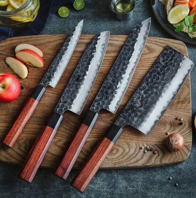 4-Piece Hand Forged D2 Steel Chef Knife Set with Walnut Wood Handles & Leather Roll Bag