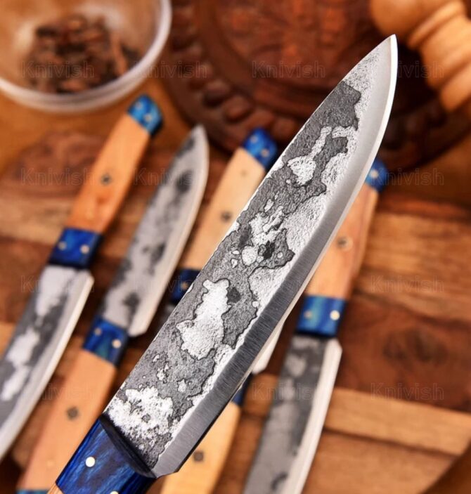6-Piece Hand Forged D2 Steel Chef Knife Set with Olive Wood & Blue Wood Handles