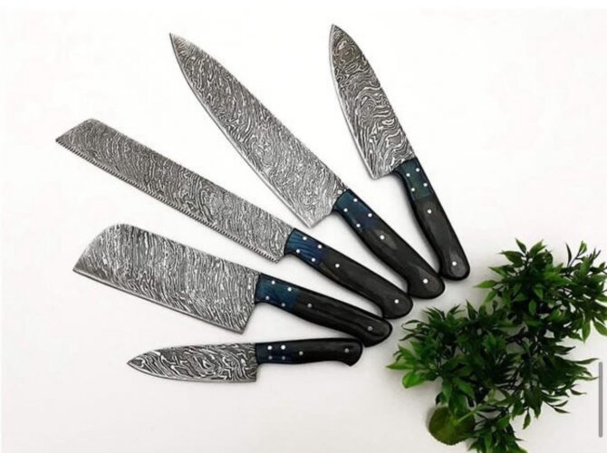 5-Piece Hand Forged Damascus Steel Chef Knife Set with Leather Roll Bag