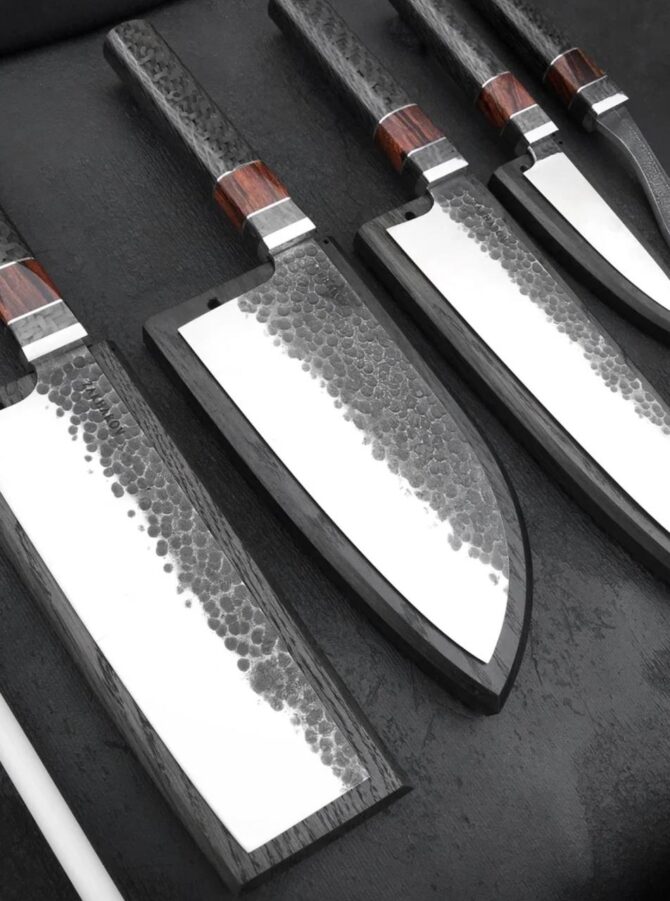 5-Piece Hand Forged D2 Steel Chef Knife Set with Black Wood Handles & Leather Roll Bag