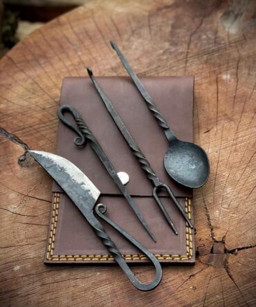 Authentic Hand Forged Camping Cutlery Set with Leather Pouch