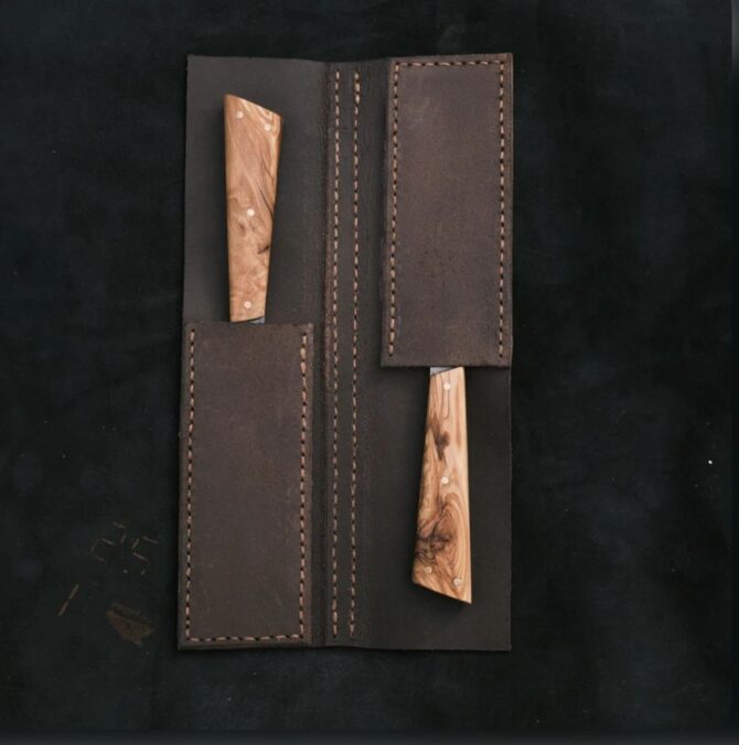 2-Piece Hand Forged D2 Steel Utility Knife Set with Olive Wood Handles & Leather Folding Bag