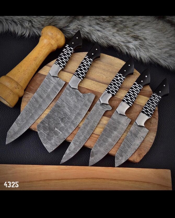 5-Piece Hand Forged Damascus Steel Kitchen Knife Set with Black & White Resin Handles