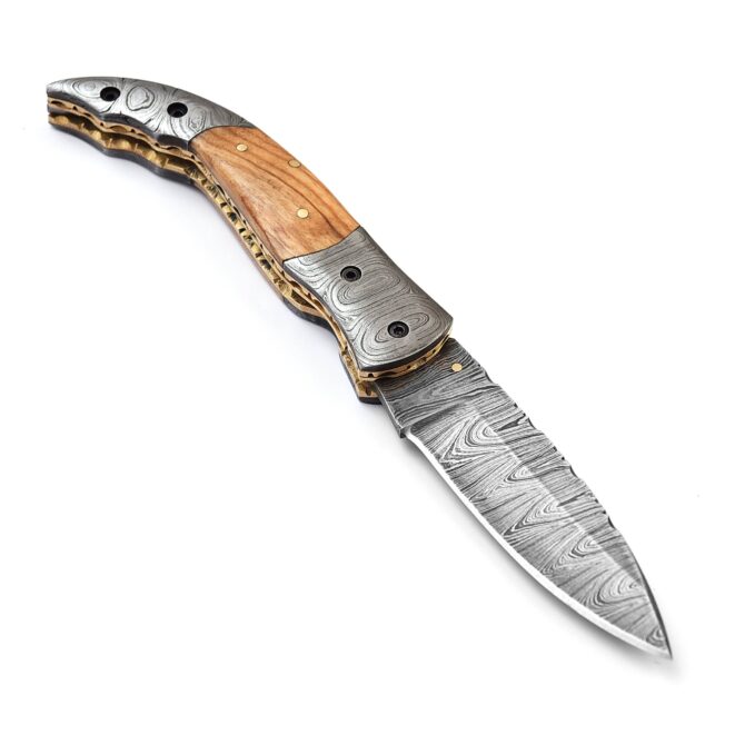 Hand-Forged Damascus Liner Lock Folding Knife - Ram Horn Handle & Damascus Bolster