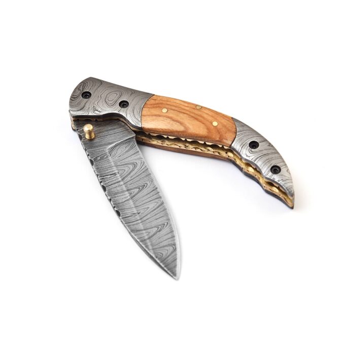 Hand-Forged Damascus Liner Lock Folding Knife - Ram Horn Handle & Damascus Bolster