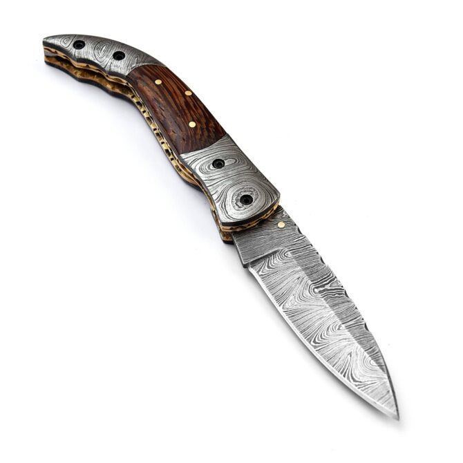 Hand-Forged Damascus Liner Lock Folding Knife - Ram Horn Handle & Damascus Bolster