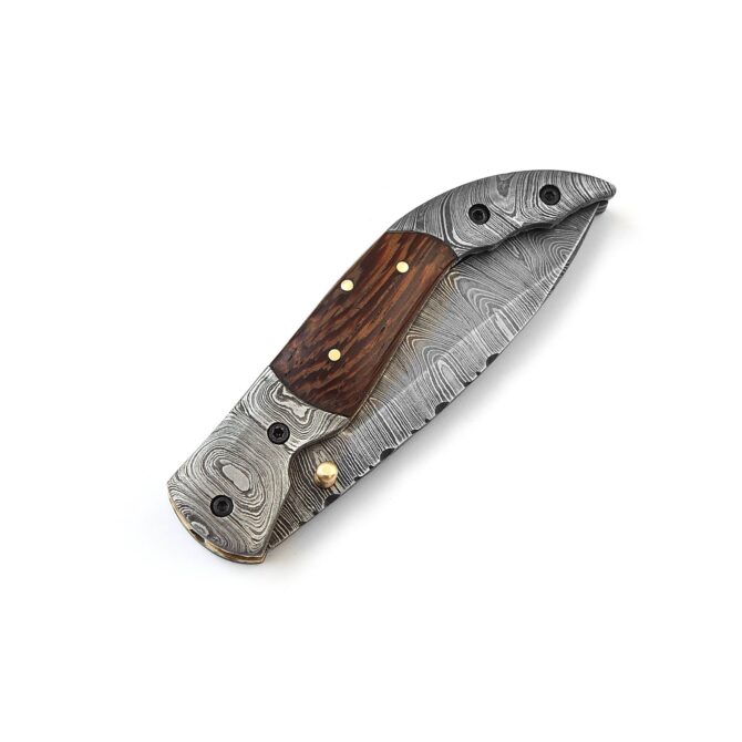 Hand-Forged Damascus Liner Lock Folding Knife - Ram Horn Handle & Damascus Bolster