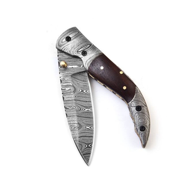 Hand-Forged Damascus Liner Lock Folding Knife - Ram Horn Handle & Damascus Bolster