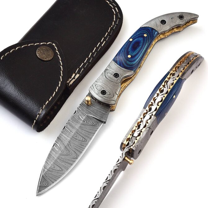 Hand-Forged Damascus Liner Lock Folding Knife - Ram Horn Handle & Damascus Bolster