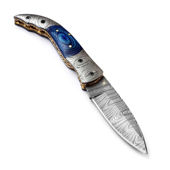 Hand-Forged Damascus Liner Lock Folding Knife - Ram Horn Handle & Damascus Bolster