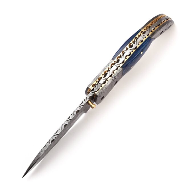Hand-Forged Damascus Liner Lock Folding Knife - Ram Horn Handle & Damascus Bolster