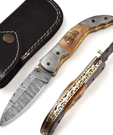 Hand-Forged Damascus Liner Lock Folding Knife - Ram Horn Handle & Damascus Bolster