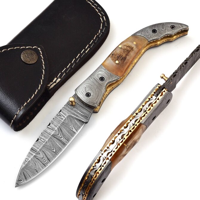 Hand-Forged Damascus Liner Lock Folding Knife - Ram Horn Handle & Damascus Bolster