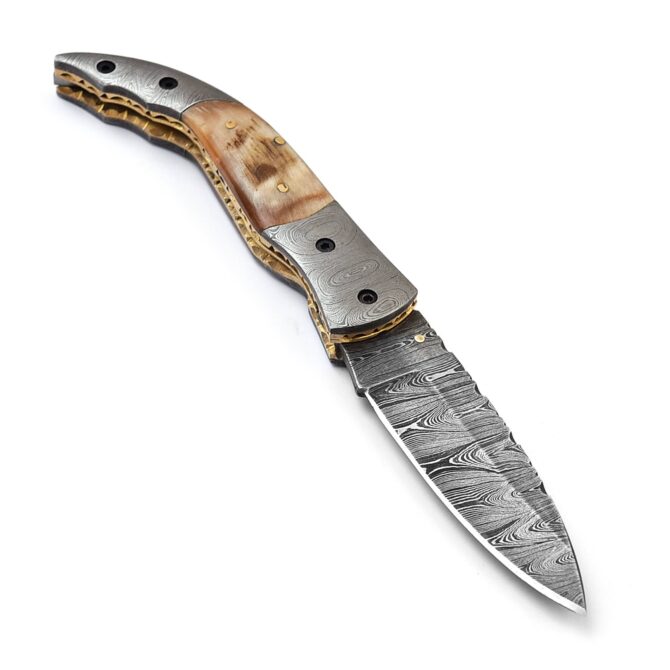 Hand-Forged Damascus Liner Lock Folding Knife - Ram Horn Handle & Damascus Bolster