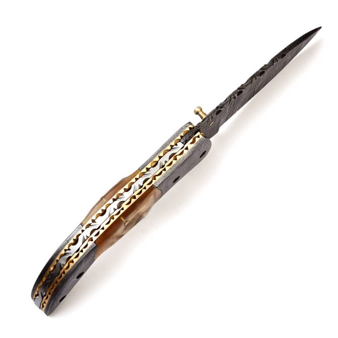 Hand-Forged Damascus Liner Lock Folding Knife - Ram Horn Handle & Damascus Bolster