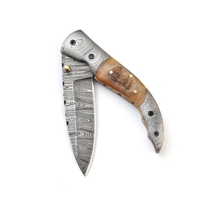 Hand-Forged Damascus Liner Lock Folding Knife - Ram Horn Handle & Damascus Bolster