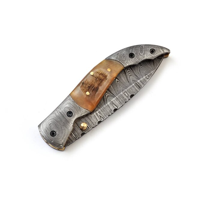 Hand-Forged Damascus Liner Lock Folding Knife - Ram Horn Handle & Damascus Bolster