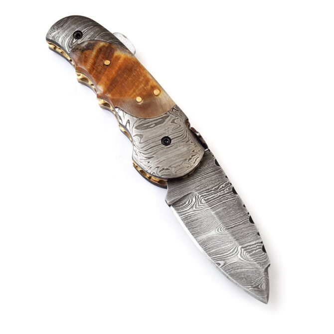 Hand-Forged Damascus Back Lock Folding Knife - Ram Horn Handle & Damascus Bolster