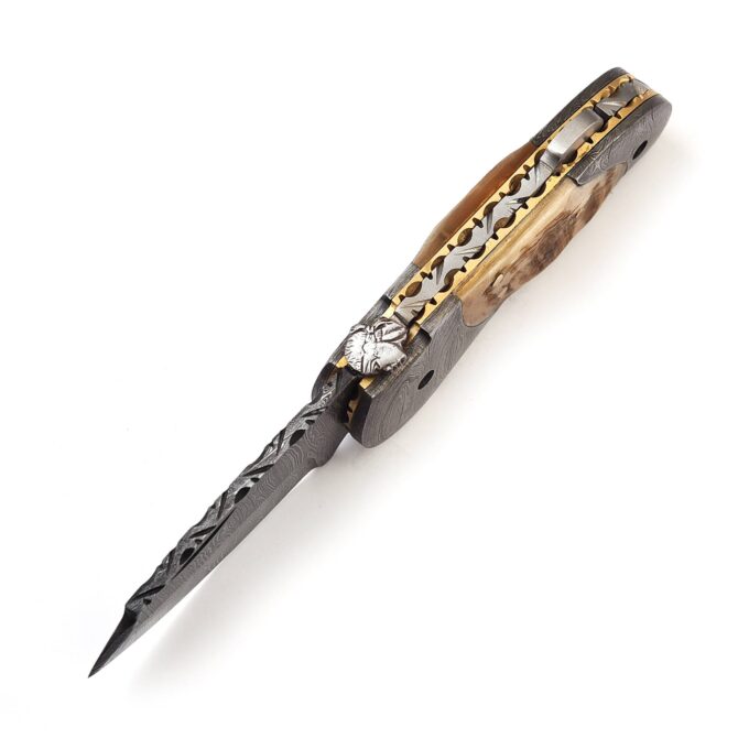 Hand-Forged Damascus Back Lock Folding Knife - Ram Horn Handle & Damascus Bolster