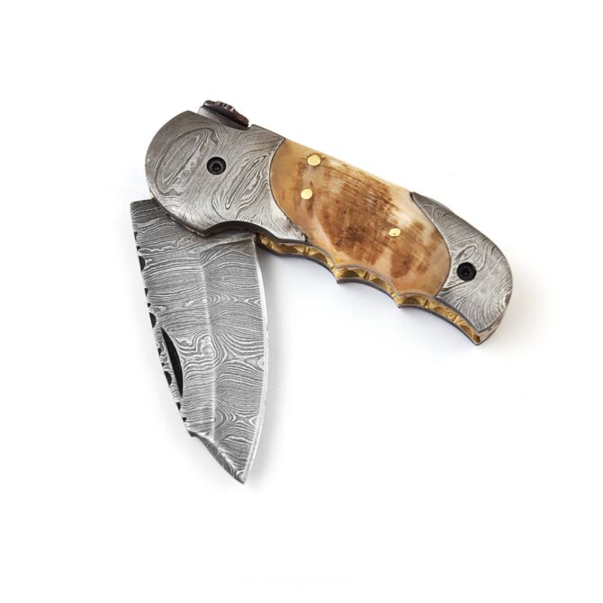 Hand-Forged Damascus Back Lock Folding Knife - Ram Horn Handle & Damascus Bolster