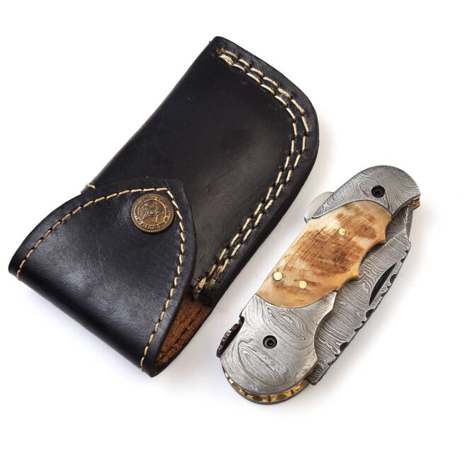 Hand-Forged Damascus Back Lock Folding Knife - Ram Horn Handle & Damascus Bolster