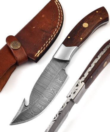 Custom Hand-Forged Damascus Hunting Knife - Fixed Blade with Rosewood Handle & Leather Sheath