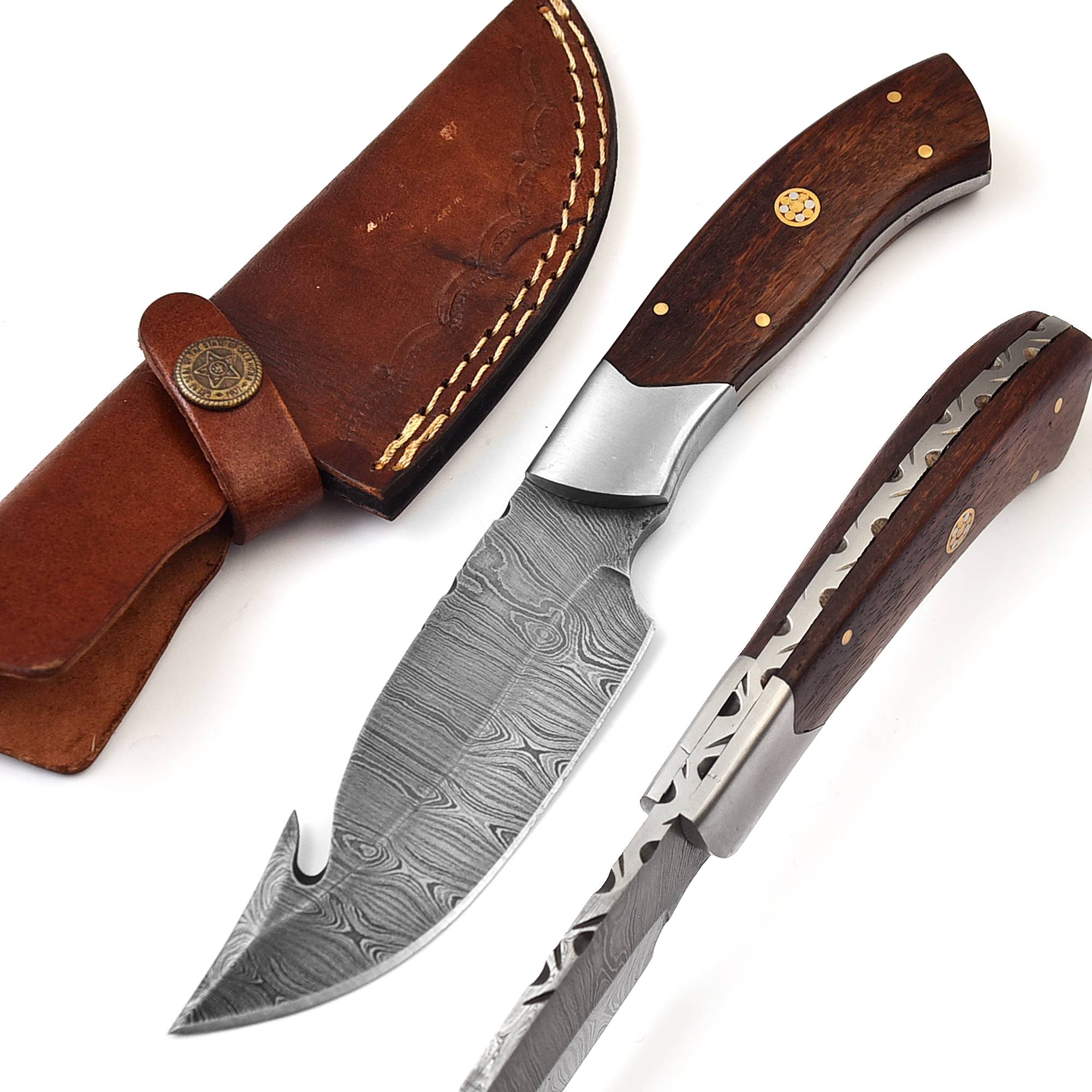 Custom Hand-Forged Damascus Hunting Knife - Fixed Blade with Rosewood Handle & Leather Sheath