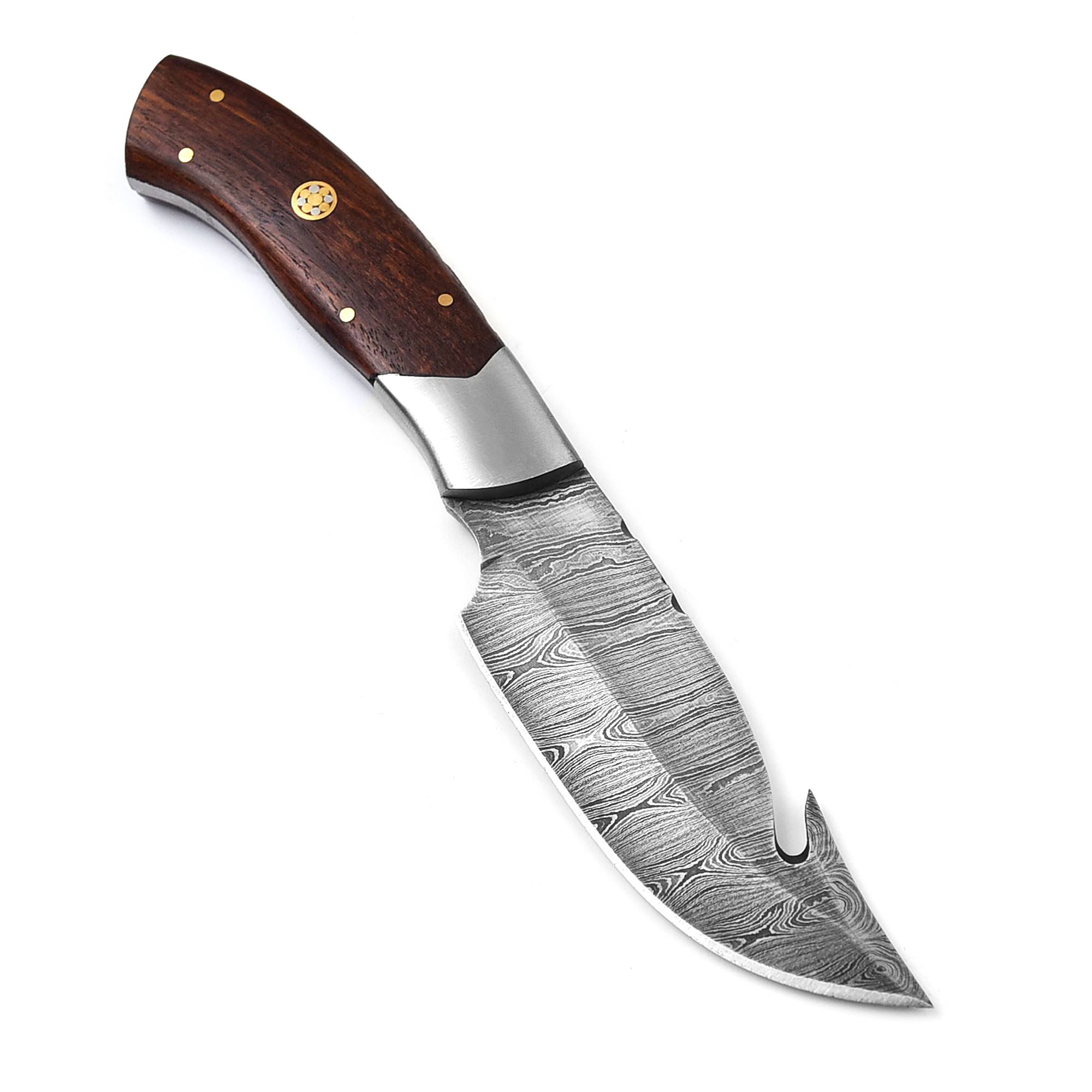 Custom Hand-Forged Damascus Hunting Knife - Fixed Blade with Rosewood Handle & Leather Sheath