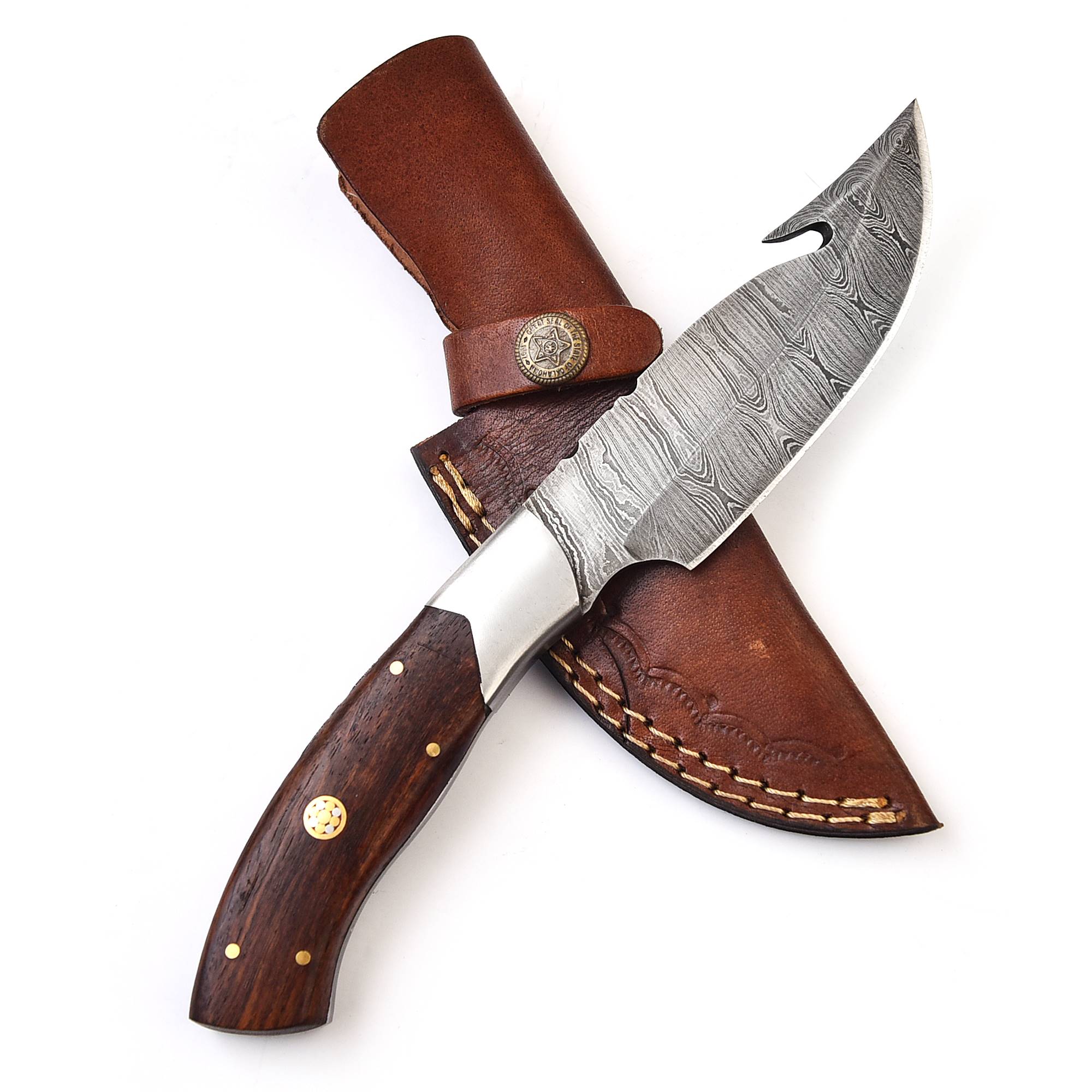 Custom Hand-Forged Damascus Hunting Knife - Fixed Blade with Rosewood Handle & Leather Sheath