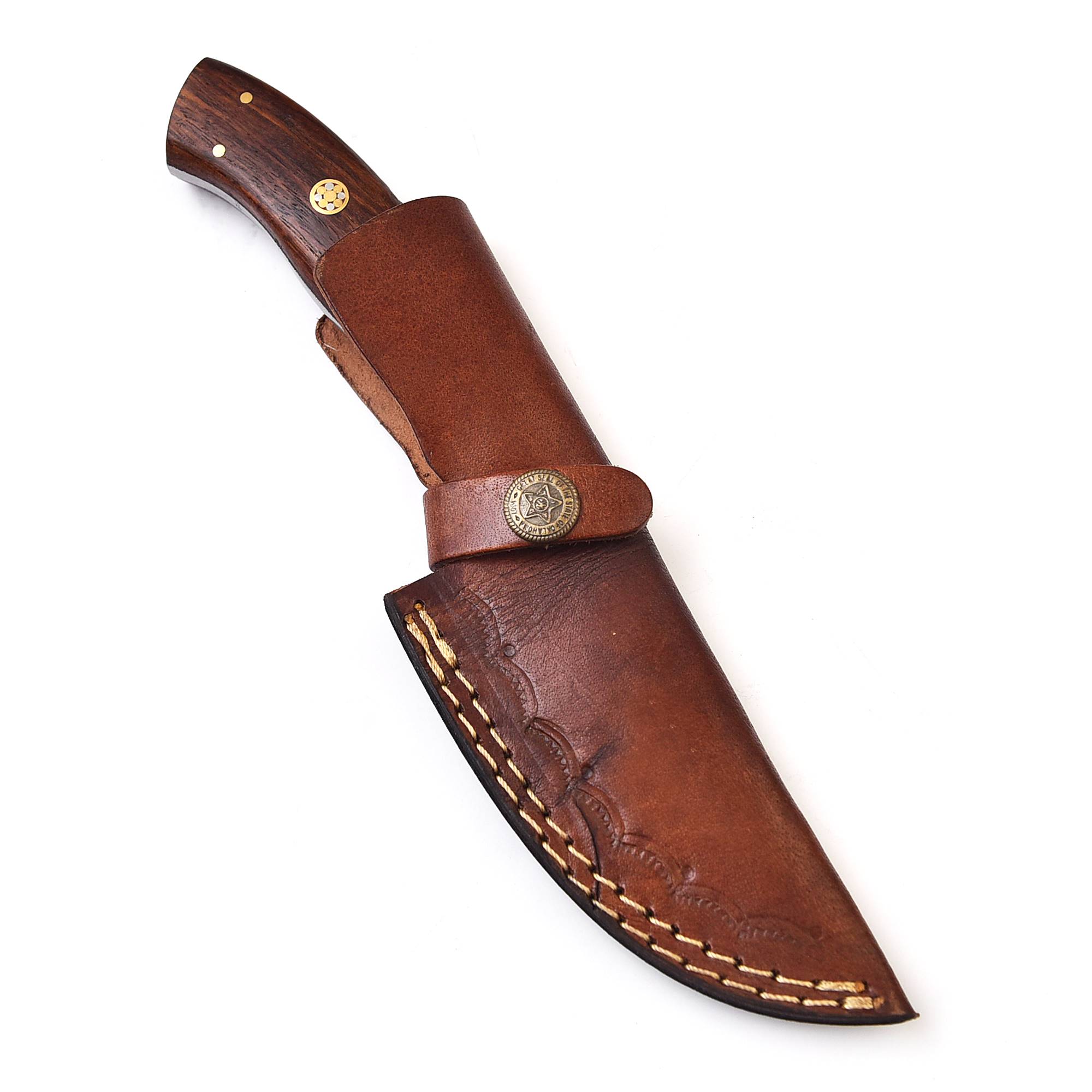 Custom Hand-Forged Damascus Hunting Knife - Fixed Blade with Rosewood Handle & Leather Sheath