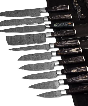 10-Piece Professional Hand Forged Damascus Steel Chef Knife Set with Leather Roll Bag