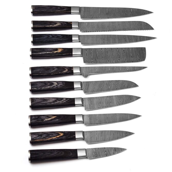 10-Piece Professional Hand Forged Damascus Steel Chef Knife Set with Leather Roll Bag